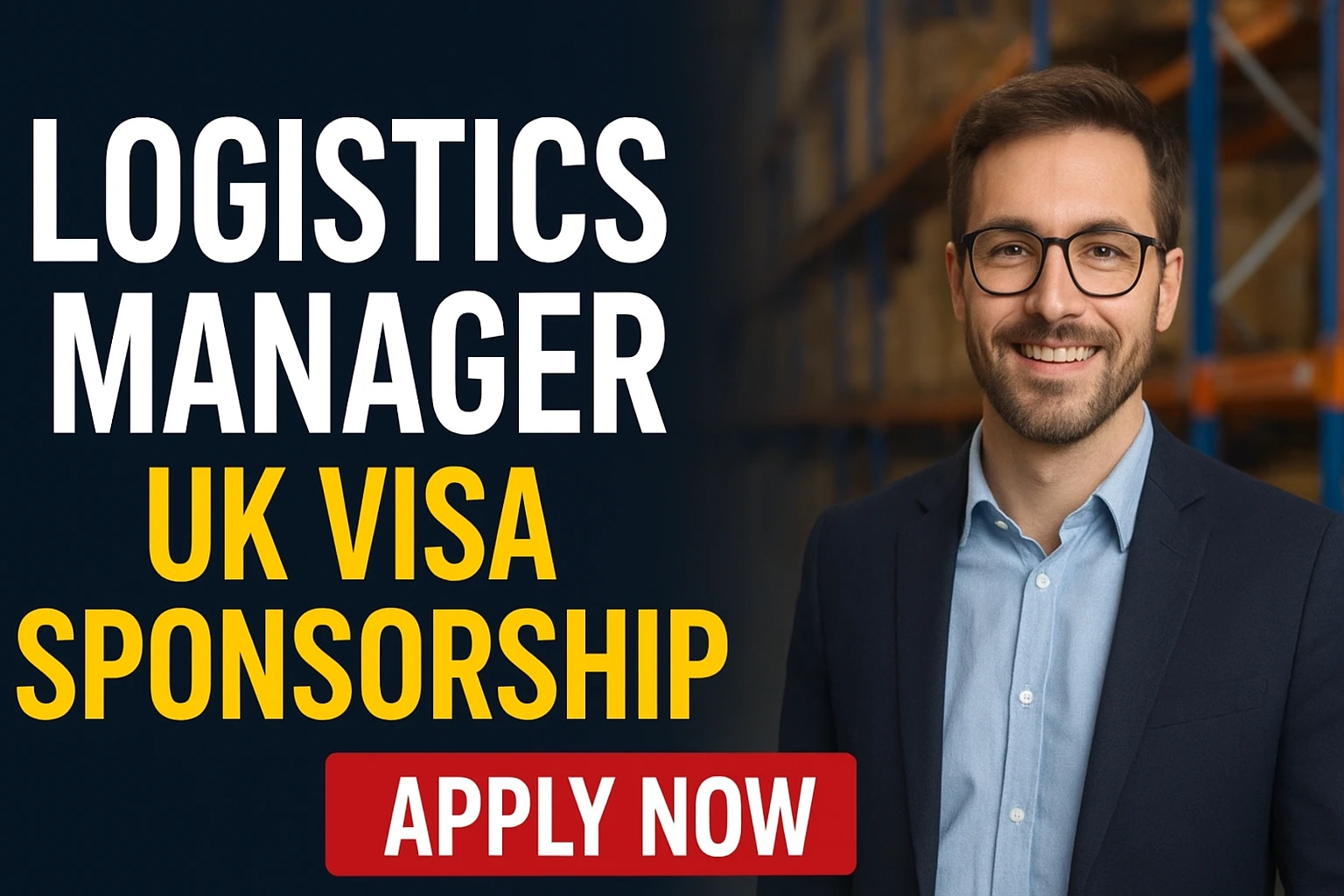 Logistics Manager UK Visa Sponsorship job thumbnail showing a professional in a warehouse environment with bold text ‘Logistics Manager – UK Visa Sponsorship’ and an Apply Now button. Ideal for candidates searching for logistics manager jobs in the UK with visa sponsorship.